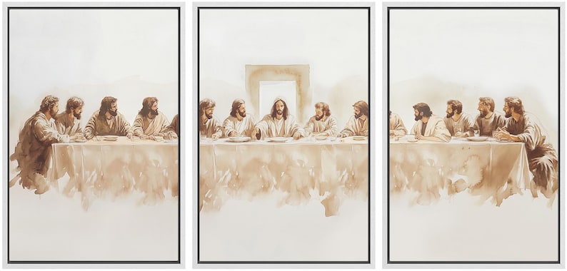 May include: A triptych painting depicting the Last Supper. The painting is done in a watercolor style with muted tones of brown and beige. The figures are seated at a long table, with Jesus Christ in the center.