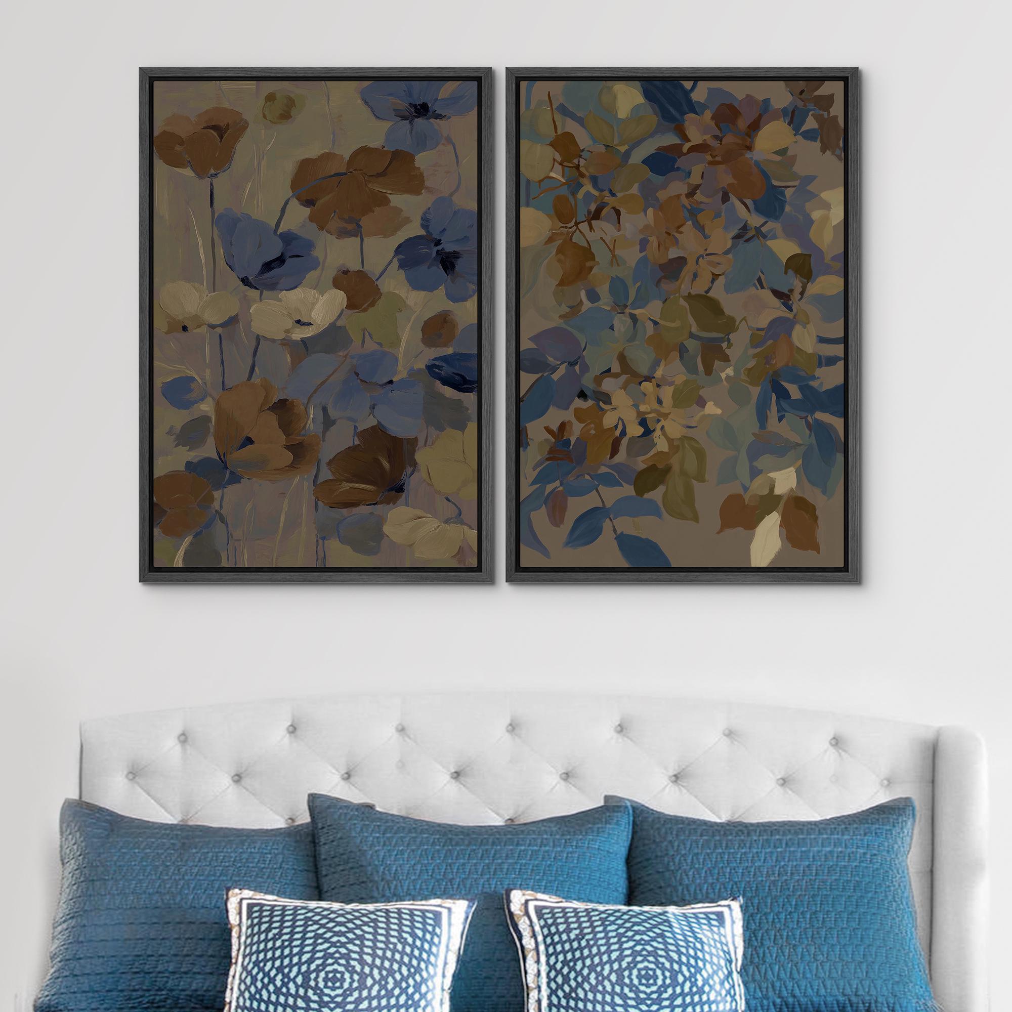 Muted Blue & Brown Floral Wall Art Set of 2 - Framed Abstract Botanical ...