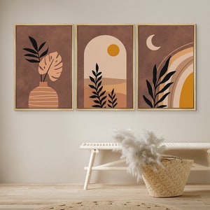 DustinWay Framed Canvas Print Wall Art Set of 3 Tropical Desert Oasis Jungle Leaf Abstract Illustrations Mid Century Modern Art Boho Decor