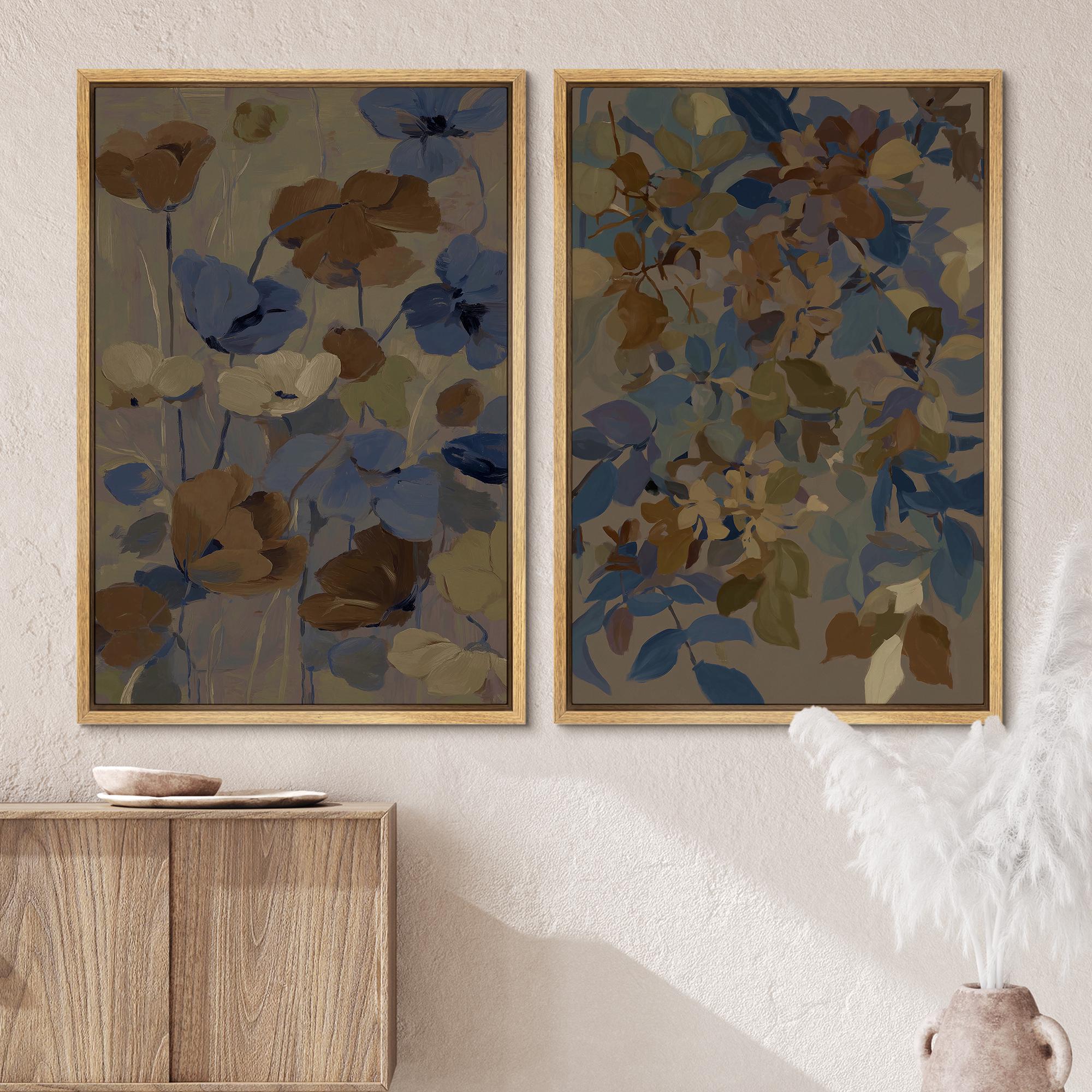 Muted Blue & Brown Floral Wall Art Set of 2 - Framed Abstract Botanical ...