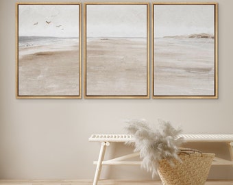 DustinWay Framed Canvas Print Wall Art Set of 3 Beach Oceanside Landscape Prints Minimalist Neutral Art Modern Farmhouse Wall Decor