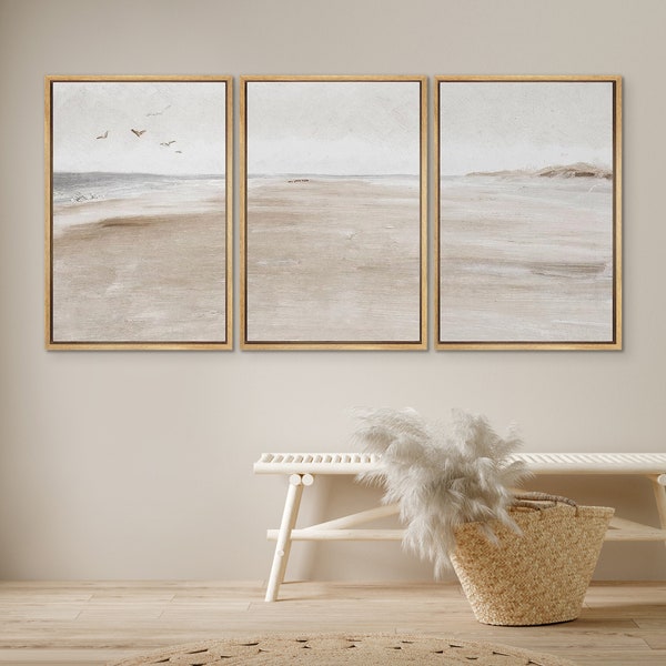 DustinWay, impression sur toile encadrée, lot de 3 impressions de paysages de plage au bord de l'océan, art neutre minimaliste, décoration murale de ferme moderne