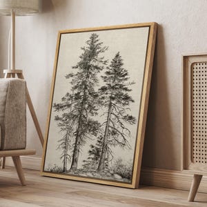 May include: A framed canvas print featuring a detailed black and white illustration of several tall pine trees. The artwork has a neutral color palette and is displayed in a natural wood frame, leaning against a wall.