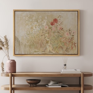 Vintage Wildflower Art - Framed Canvas Cottagecore Print, Soft Beige & Blush Botanical, Antique Floral Garden, Rustic Farmhouse Wall Decor
