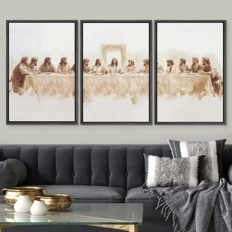 May include: A triptych of framed paintings depicting a scene of Jesus and his disciples at the Last Supper. The paintings are in a muted brown and white color scheme and feature a simple, minimalist style.