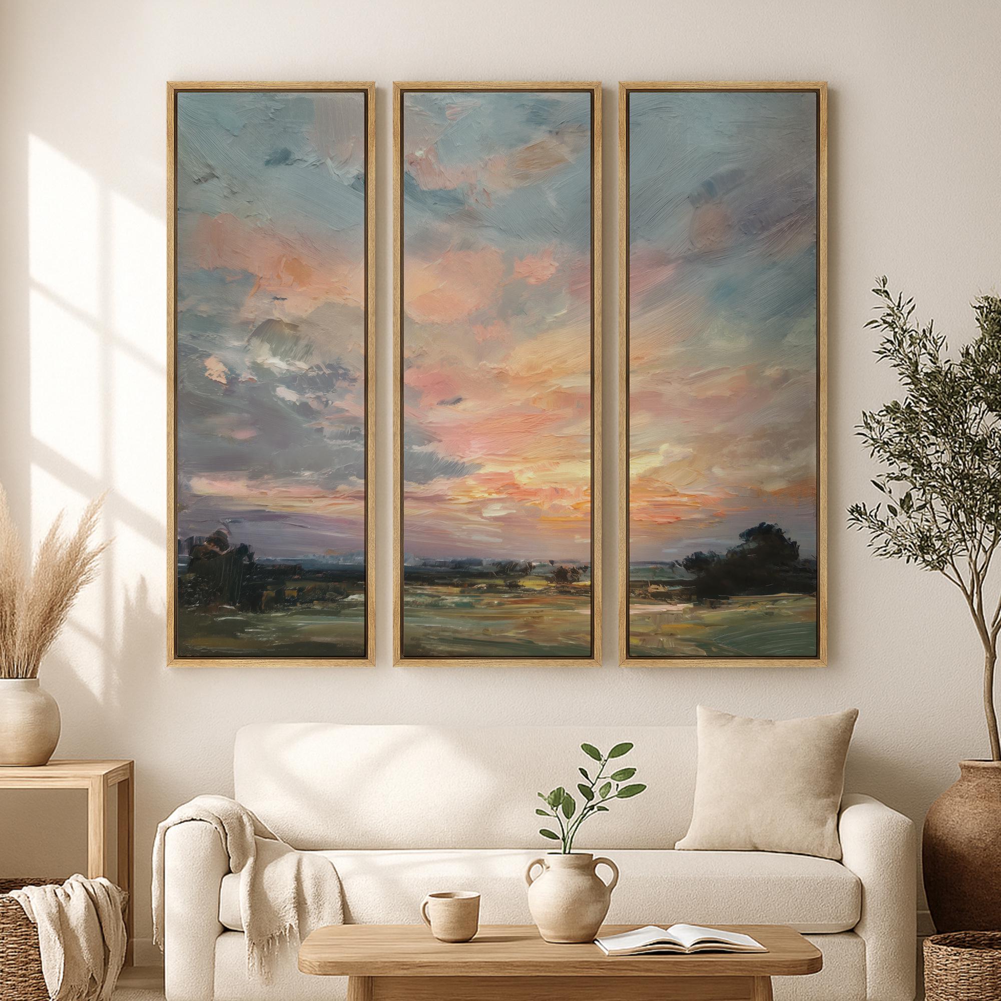 Large Framed Abstract Sunset Landscape Wall Art Set of 3, Soft Pastel ...
