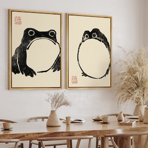 DustinWay Framed Canvas Print Wall Art Set of 2 Japanese Frogs by Matsumoto Hoji Modern Art Minimalist Vintage Decor