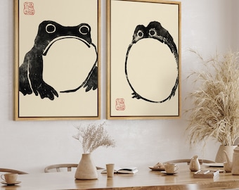 DustinWay Framed Canvas Print Wall Art Set of 2 Japanese Frogs by Matsumoto Hoji Modern Art Minimalist Vintage Decor