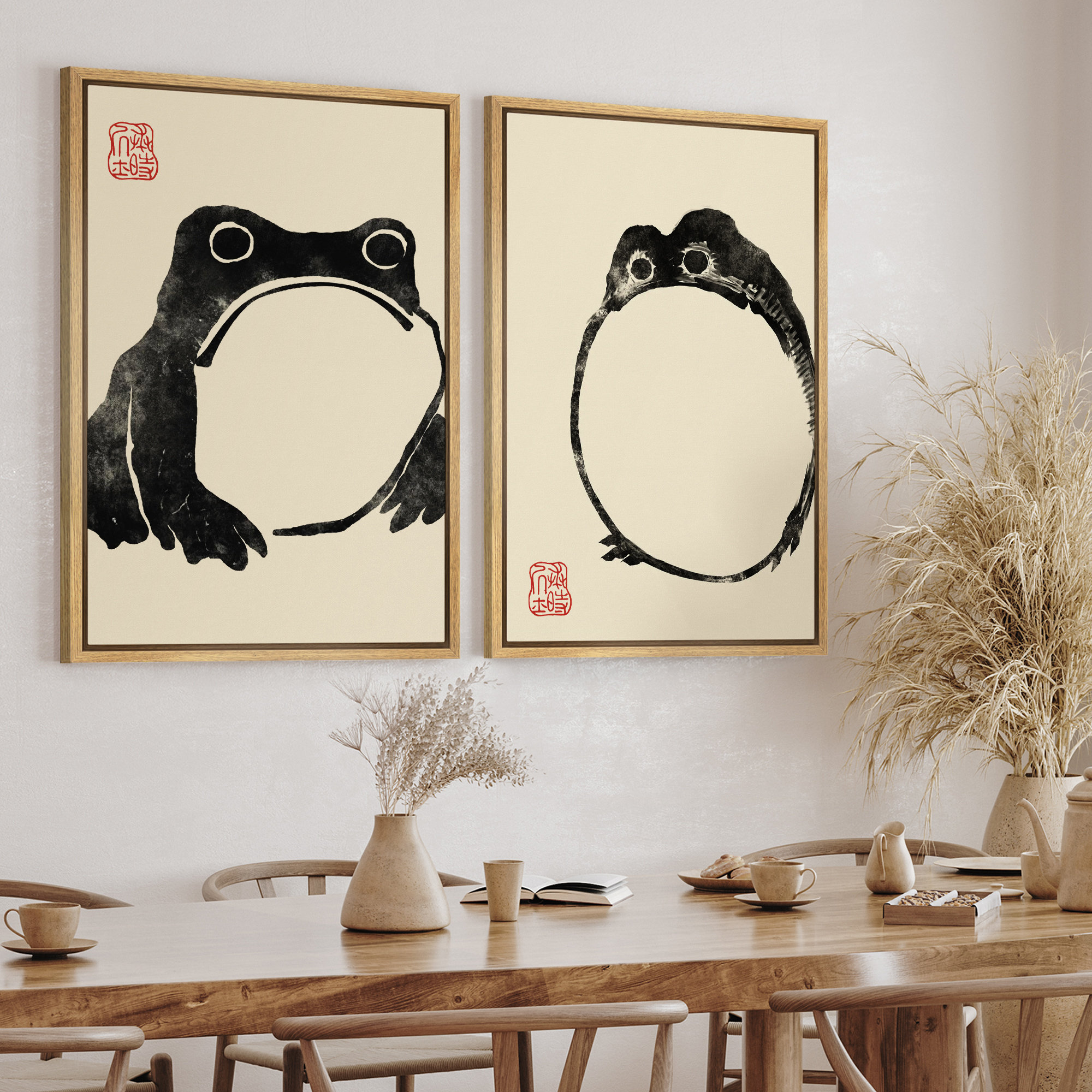 Dustinway Framed Canvas Print Wall Art Set of 2 Japanese Frogs by