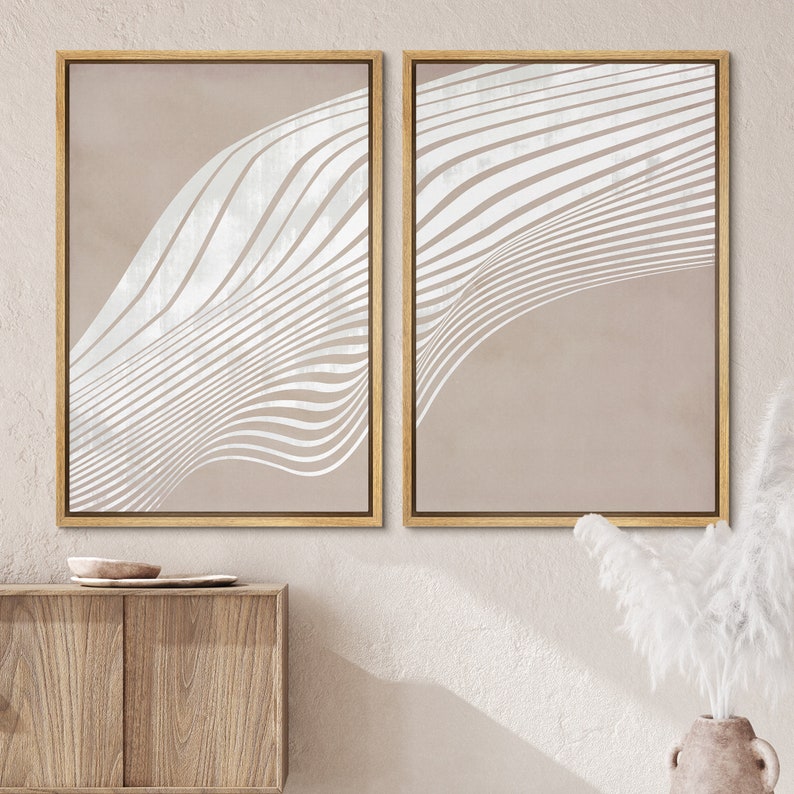 Framed Canvas Print Wall Art Set of 2 White 3D Wave Collage Abstract ...