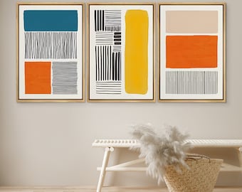 DustinWay Framed Canvas Print Wall Art Set of 3 Color Block Collage Abstract Shapes Mid Century Modern Wall Art Minimalist Bohemian Decor