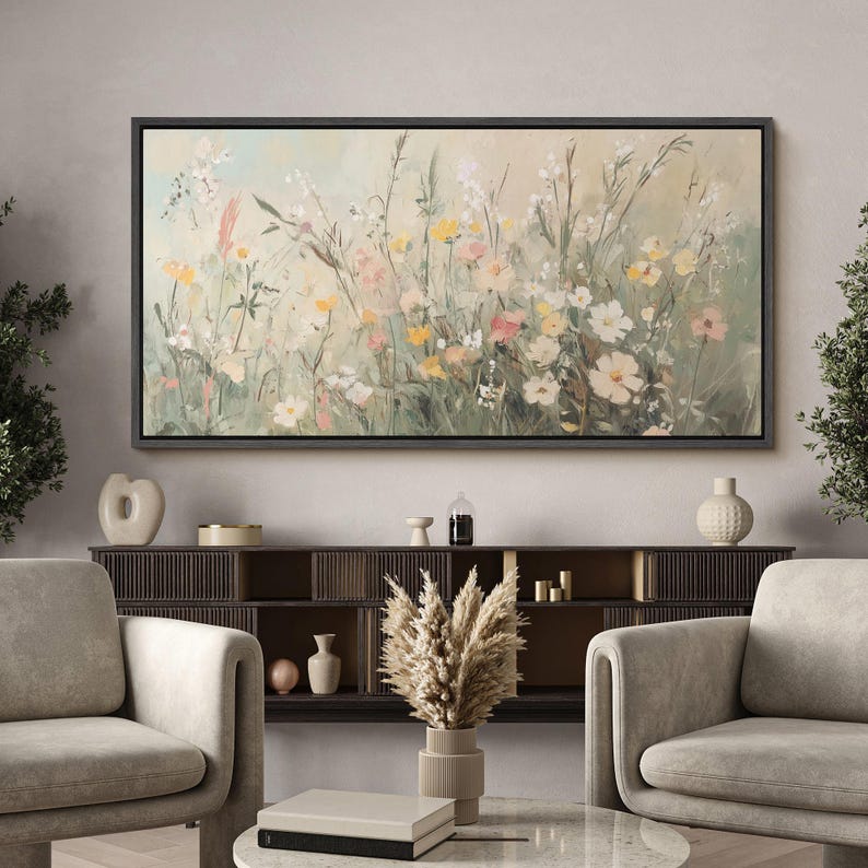 Large Wall Art Framed Canvas Prints Wildflower Meadow Oil Painting Soft ...