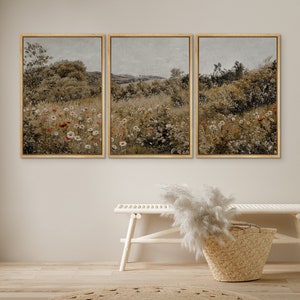 Framed Canvas Wall Art Set of 3 Wildflower Field Print Woodland Landscape Vintage Rustic Retro Wall Art Living Room Decor