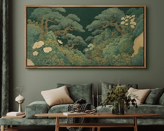 Arte mural con paisaje botánico asiático enmarcado grande, lienzo impreso de jardín de pinos de estilo japonés, decoración de naturaleza oriental para sala de estar.