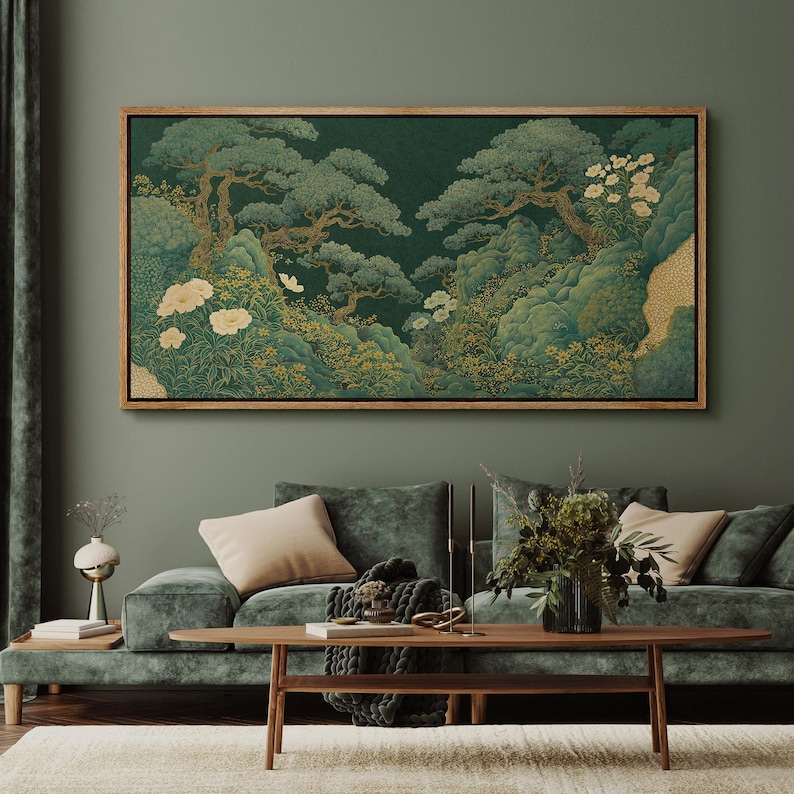 Large Framed Asian Botanical Landscape Wall Art, Japanese Style Pine ...