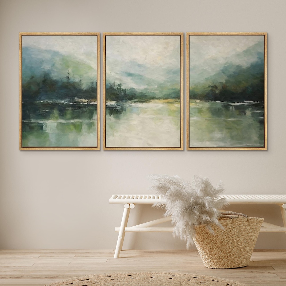 Dustinway Framed Canvas Print Wall Art Set of 3 Emerald Green Mountain ...