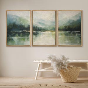 DustinWay Framed Canvas Print Wall Art Set of 3 Emerald Green Mountain Forest Lake Landscape Minimalist Modern Art Nature Wall Decor