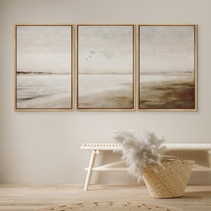 DustinWay Framed Canvas Print Wall Art Set of 3 Misty Foggy Beach Abstract Seascape Minimalist Modern Art Neutral Coastal Decor