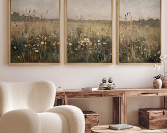Vintage Wildflower Art - Framed Meadow Landscape Canvas Set of 3, Neutral Botanical Field Prints, Rustic Pastoral Nature Living Room Decor
