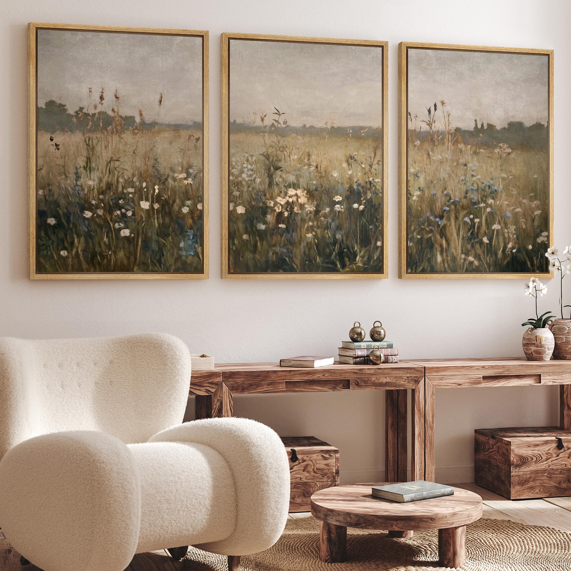 Vintage Wildflower Art - Framed Meadow Landscape Canvas Set of 3 ...