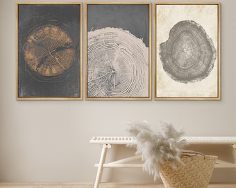 DustinWay Framed Canvas Print Wall Art Set of 3 Pastel Grunge Wood Tree Rings Abstract Illustrations Minimalist Modern Art Boho Decor