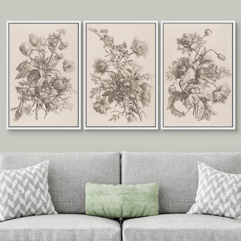 Framed Vintage Floral Wall Art Set of 3, Botanical Sketch Canvas Prints ...