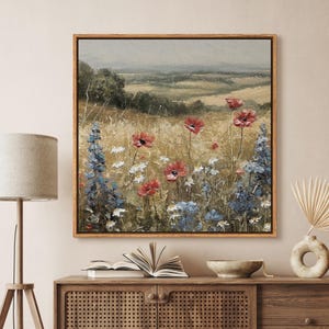 Rustic Wildflower Field Art - Framed Landscape Canvas, Vintage Floral Meadow Oil Painting, Nature Farmhouse or Cottage Decor