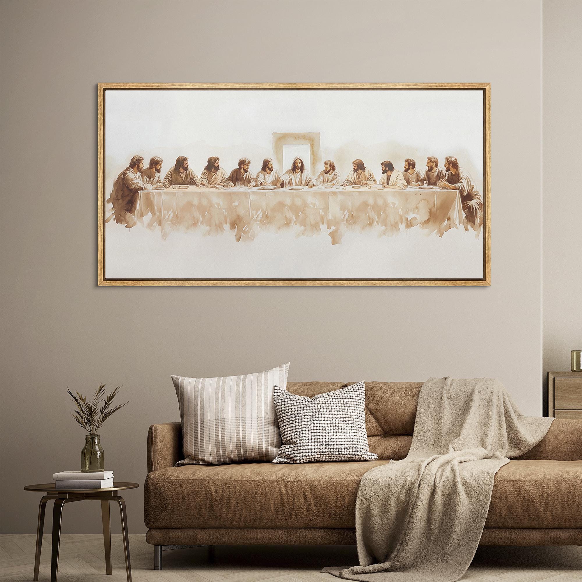 Large Framed Canvas Wall Art Jesus The Last Supper Watercolor Art Modern Christian Classic Timeless Religious artwork Church Wall Decor