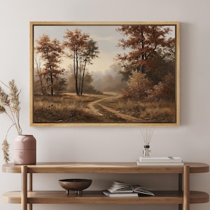 Misty Autumn Forest Path Framed Wall Art, Vintage Fall Landscape Canvas Print, Neutral Rustic Living Room Decor