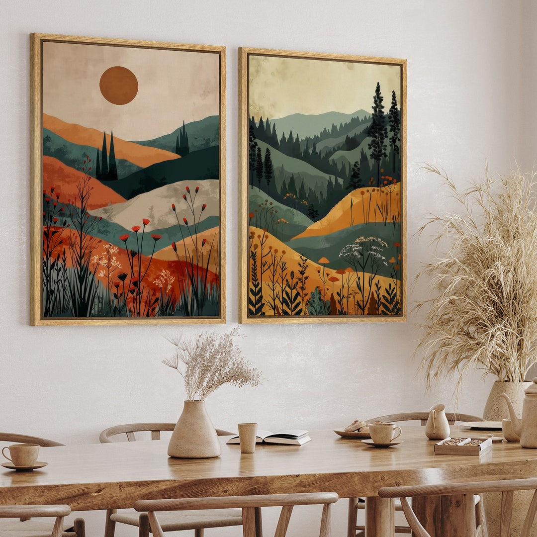 Tinonedraw Boho Mountain Framed Canvas Wall Art Set, Mid Century Modern Geometric Line Wall Decor, Bohemian Sun And Moon Art Paintings
