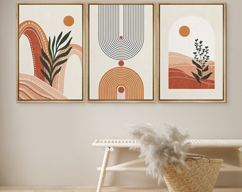 DustinWay Framed Canvas Print Wall Art Set of 3 Geometric Arch Desert Plants Abstract Illustration Mid Century Modern Art Boho Decor