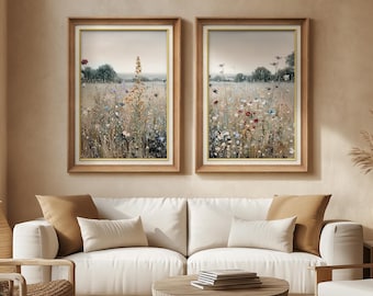 Framed Wildflower Meadow Wall Art Set of 2, Colorful Flowers Field Landscape Prints, Rustic Cottage Artwork for Living Room Decor
