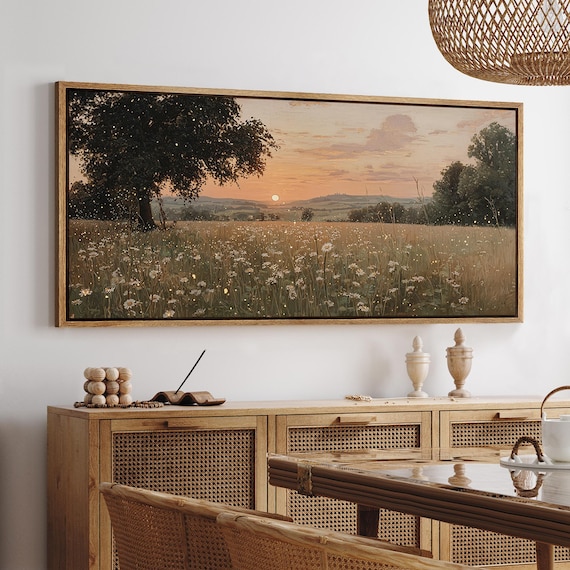 Wildflower Field Sunset Wall Art, Large Framed Golden Field Landscape Canvas Print, Rustic Countryside Living Room Decor