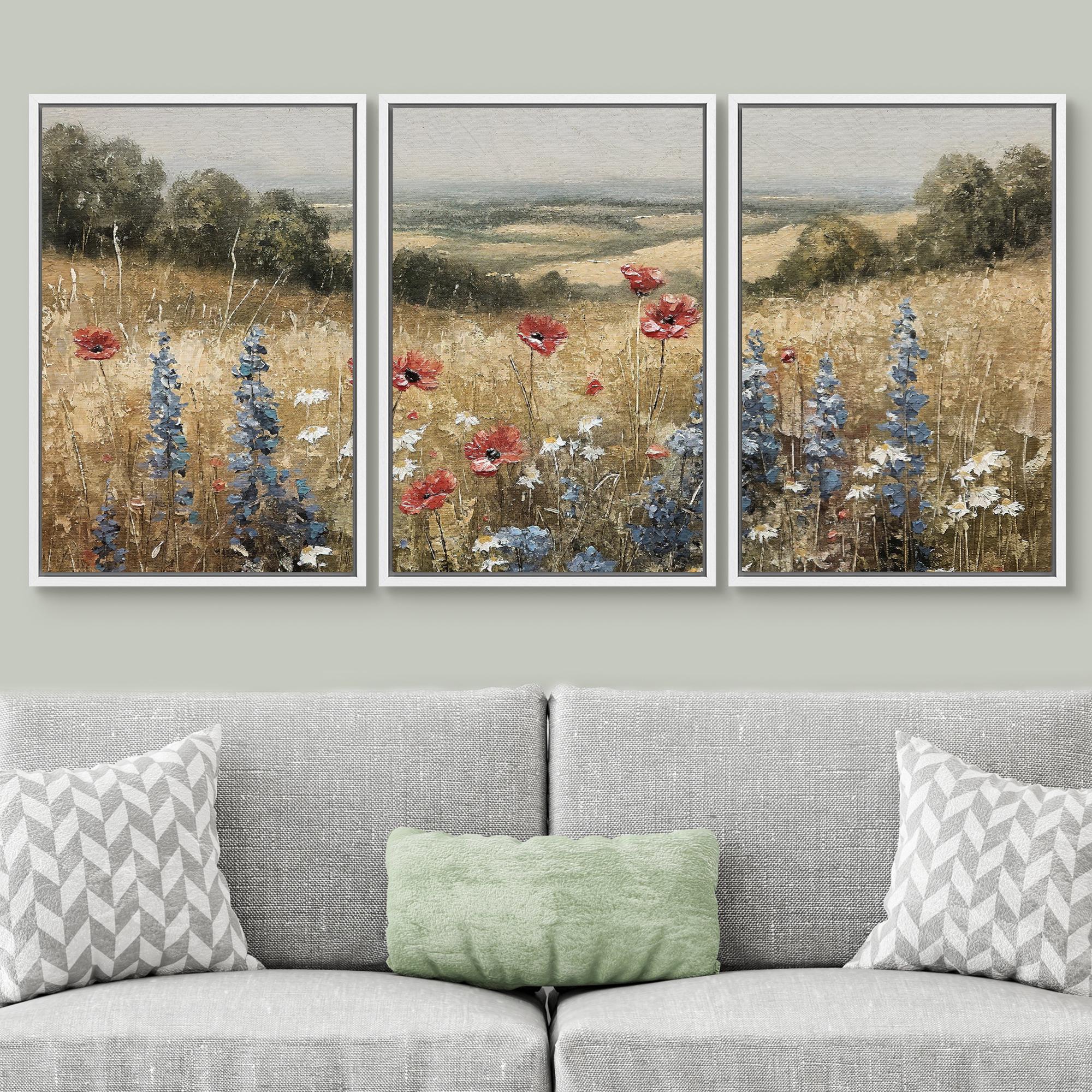 Rustic Wildflower Field Wall Art Set of 3 - Framed Landscape Canvas ...