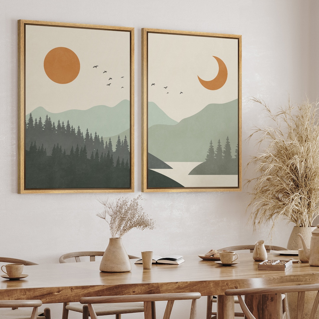 Dustinway Framed Canvas Print Wall Art Set of 2 Sun and Moon Over Green ...