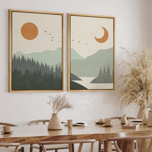 DustinWay Framed Canvas Print Wall Art Set of 2 Sun and Moon Over Green Mountain Abstract Mid Century Modern Wall Art Minimalist Boho Decor