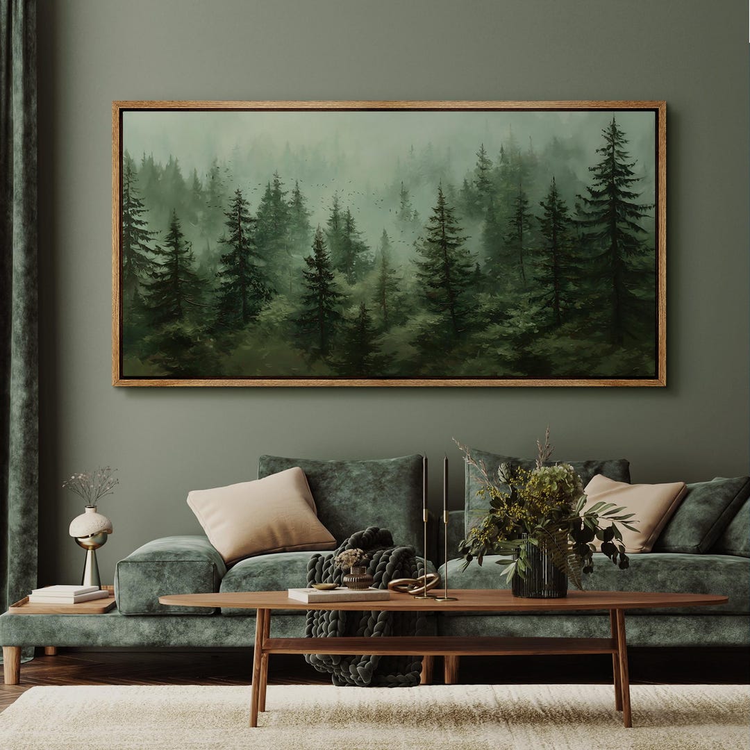 Misty Forest Wall Art - Large Framed Dark Green Pine Tree Canvas Print ...