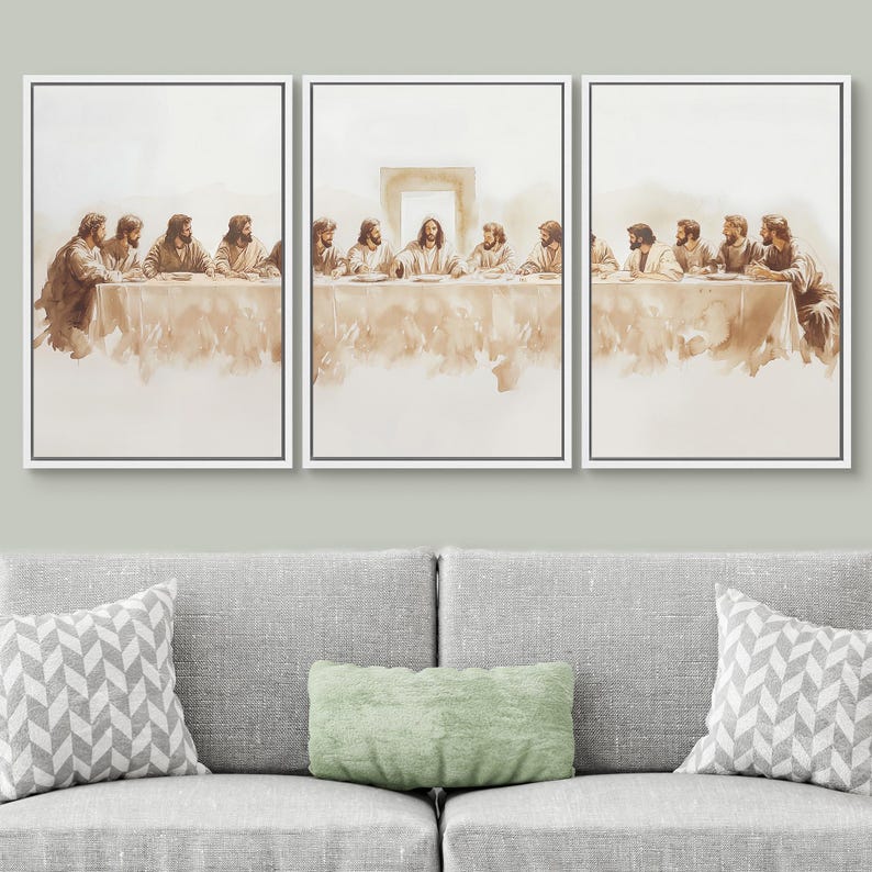 May include: A triptych painting depicting a scene of Jesus and his disciples at the Last Supper. The painting is done in a watercolor style with muted brown and beige tones. The painting is framed in a white frame.