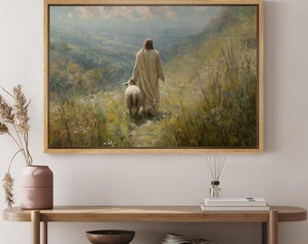 Jesus & Lamb Wall Art - Framed Meadow Walking Canvas Print, Inspirational Christian Religious Artwork for Home, Church or Nursery Decor