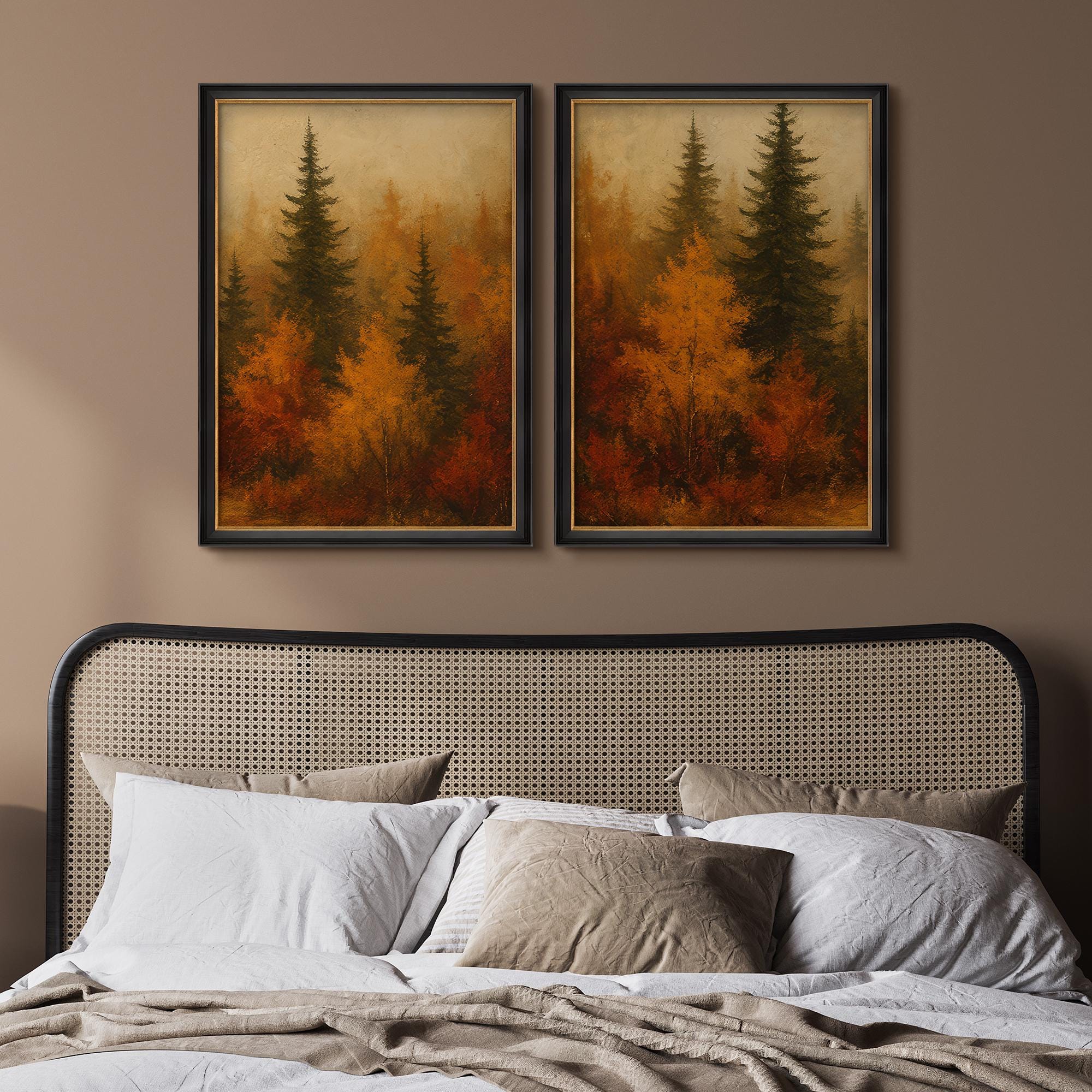 Framed Autumn Forest Wall Art Set of 2, Fall Pine Tree Landscape Prints ...