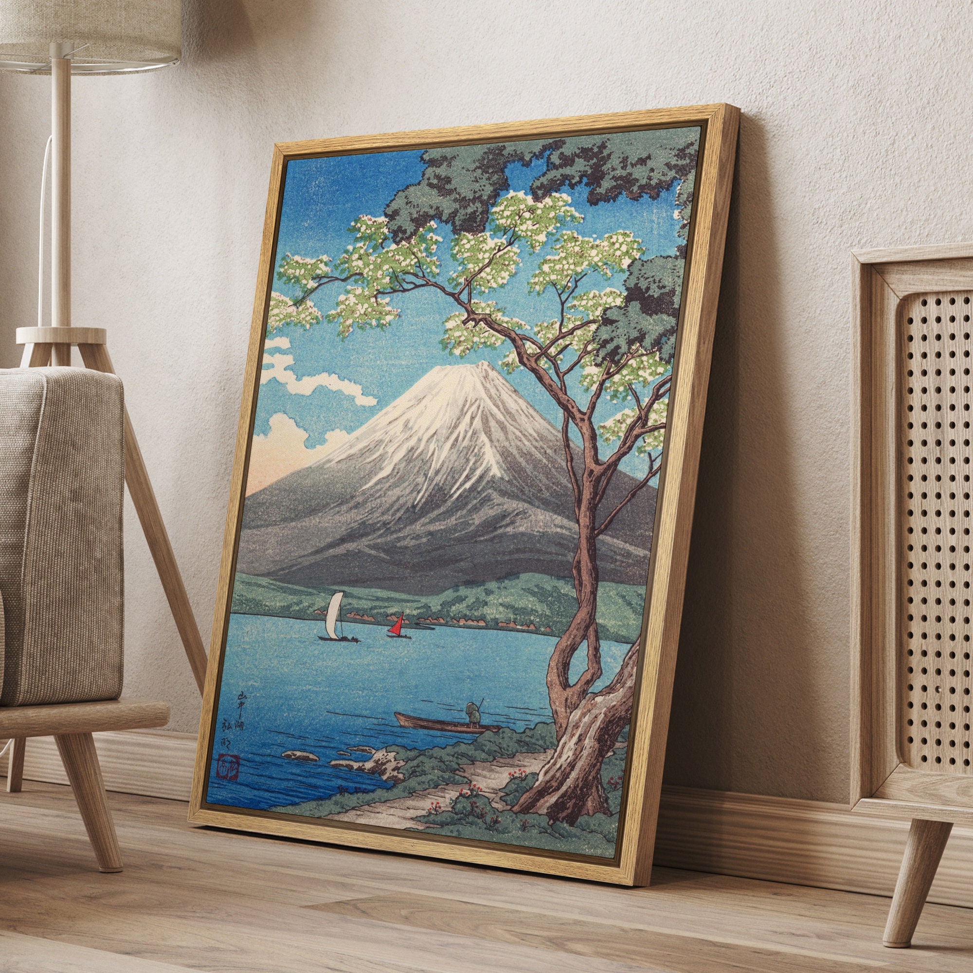 Dustinway Framed Canvas Print Wall Art Mount Fuji From Lake
