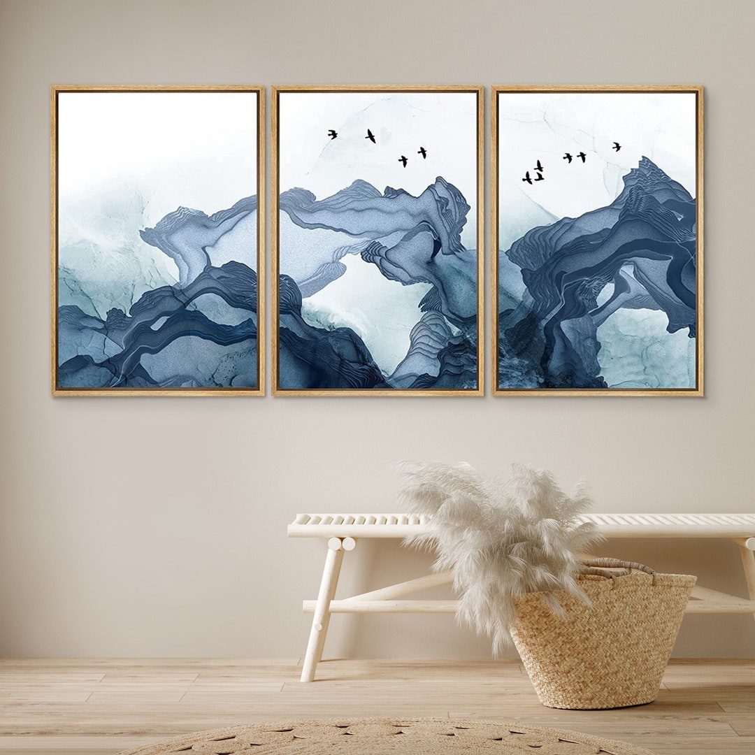 Dustinway Framed Canvas Print Wall Art Set of 3 Pastel Blue Smoke Wave ...