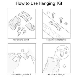 May include: Black and white diagram showing how to use a hanging kit. The image shows the toolkit, screwing hooks into a frame, hammering a hanger to the wall, and attaching art to the hanger. Text reads: "How to Use Hanging Kit."