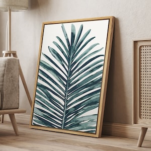 DustinWay Framed Canvas Print Wall Art Green Pastel Tropical Palm Leaf Illustrations Print Modern Art Minimalist Decor for Living Room