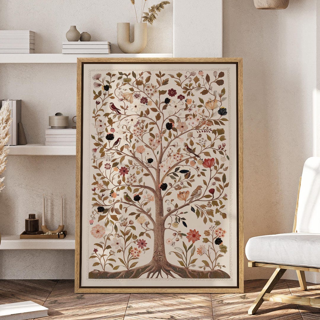 Framed Canvas Wall Art Vintage Tree of Life Print Bird and Botanical ...