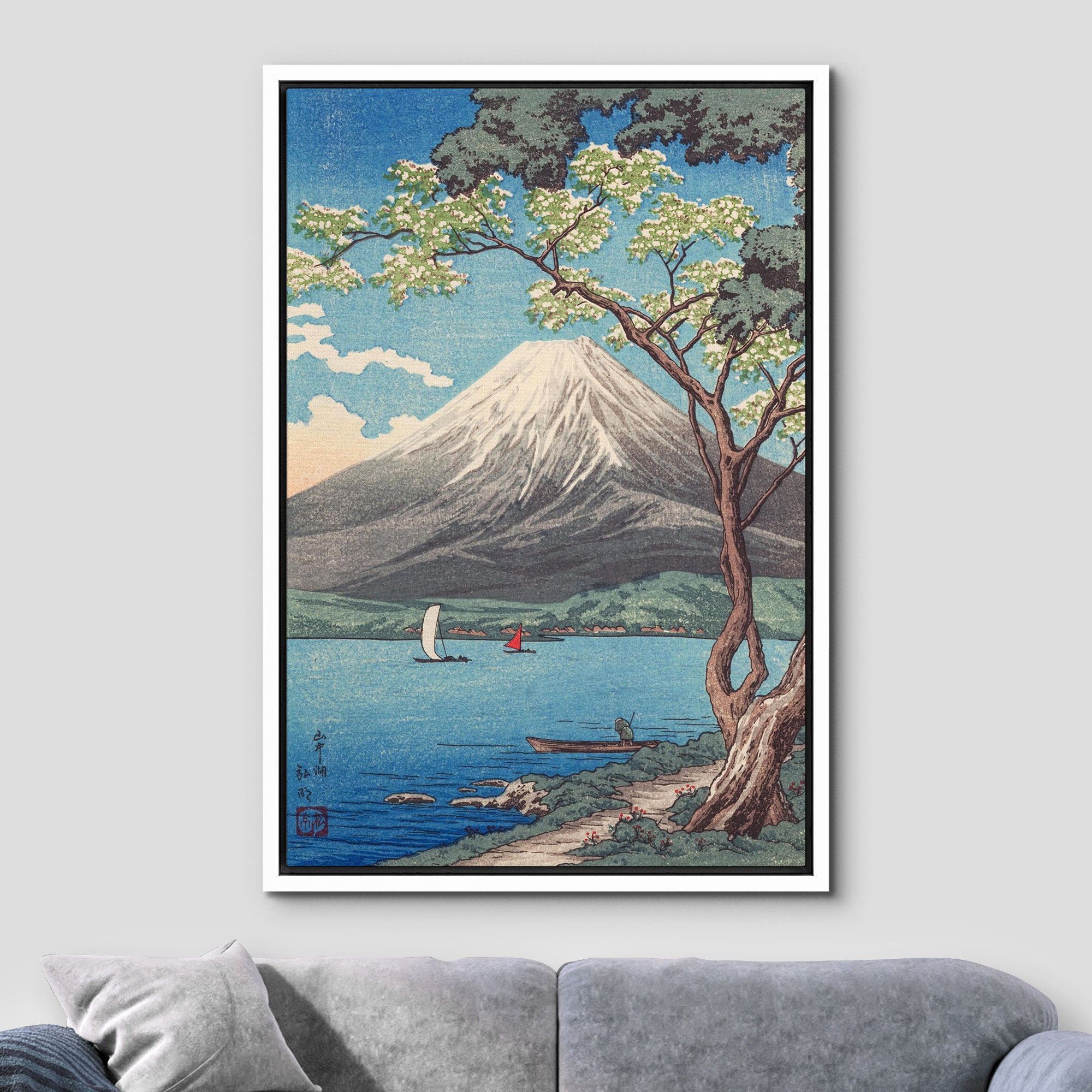 Dustinway Framed Canvas Print Wall Art Mount Fuji From Lake