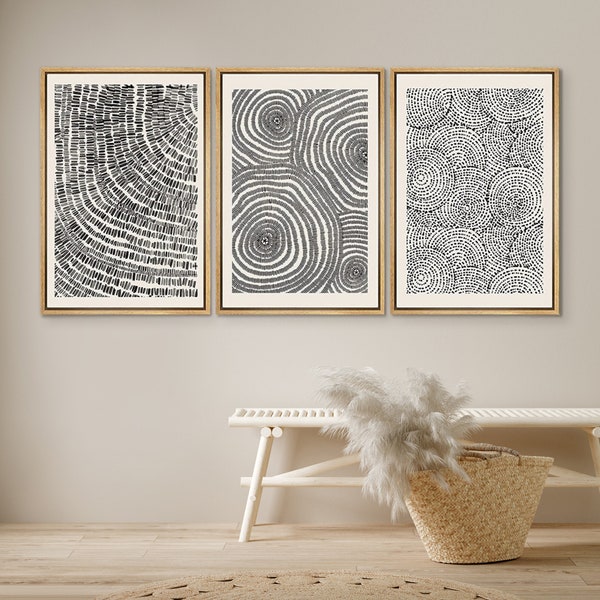 DustinWay Framed Canvas Print Wall Art Set of 3 Geometric Spiral Ring Circle Pattern Abstract Drawings Modern Art Neutral Minimalist Decor