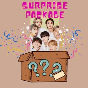 May include: A brown box with question marks on the front. The box is open and there are seven people smiling inside. The text "SURPRISE PACKAGE" is above the box.