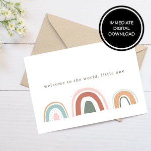 Carte de félicitations pour nouveau bébé avec arcs-en-ciel | Bienvenue dans le Monde Petit | Téléchargement numérique | Imprimable | Carte de voeux
