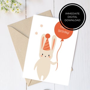 Hase mit Ballon Happy Birthday Karte für Kinder | Digitaler Download | Druckbar | Grußkarte